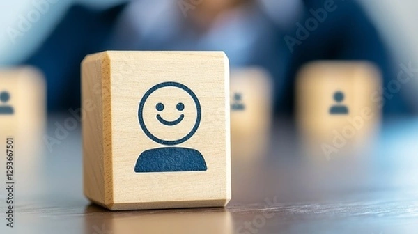 Obraz Elevate Your Business with Exceptional Customer Experience Captivating Image Showcasing a Wooden Block with a Smiling Face Icon, Symbolizing Satisfaction, Positive Feedback, and Personalized Service