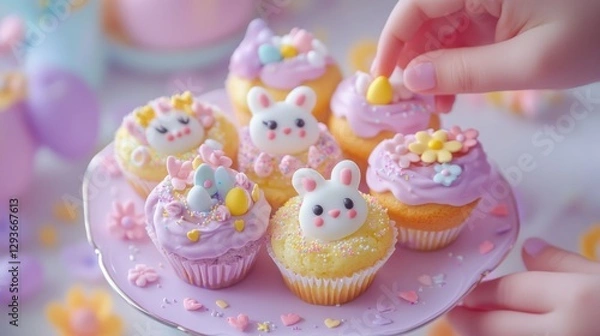 Fototapeta Kawaii-style Spring Muffins with Easter Charm: Adorable Spring Muffins in full kawaii style, decorated with pastel-colored icing in soft pinks, yellows, and purples. bunny faces,  sugar eggs, 