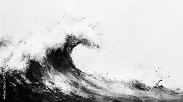 Fototapeta A black and white painting of a wave crashing on a beach