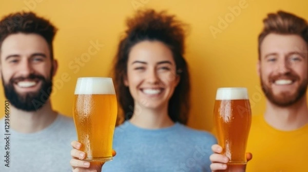 Fototapeta Diverse group of friends sharing laughs and stories while enjoying a beer tasting session in a casual relaxed setting  The image captures the joy bonding