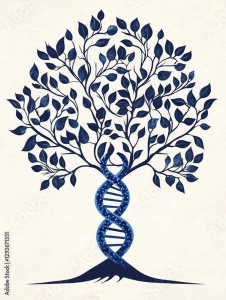 Fototapeta Tree of Life and DNA - A stylized illustration depicting a tree with a DNA double helix as its trunk, symbolizing life's genetic code. Blue on off-white background