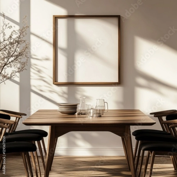 Fototapeta A wooden table with four chairs around it. A picture frame is on the wall above the table