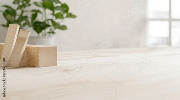 Fototapeta Wooden blocks on light wood table,  plants in background,  minimalistic home office,  for product display