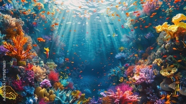 Fototapeta Vibrant Coral Reef with Colorful Fish and Sunlight Rays