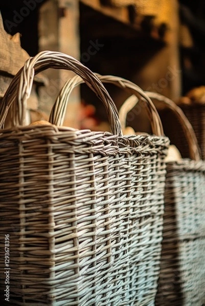 Fototapeta A row of wicker baskets sitting on a wooden table, great for rustic or farmhouse-themed settings