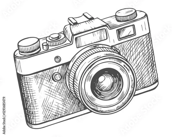 Fototapeta Hand-drawn retro photo camera sketch illustration. Vintage-style etching, perfect for packaging, prints, menus, and digital designs.