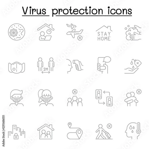 Fototapeta Set of Virus protection line icons. contains such Icons as, social distancing, mask, hand washing, stay home and more.
