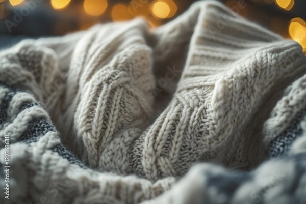 Fototapeta A close-up shot of a knitted blanket with soft, warm light in the background
