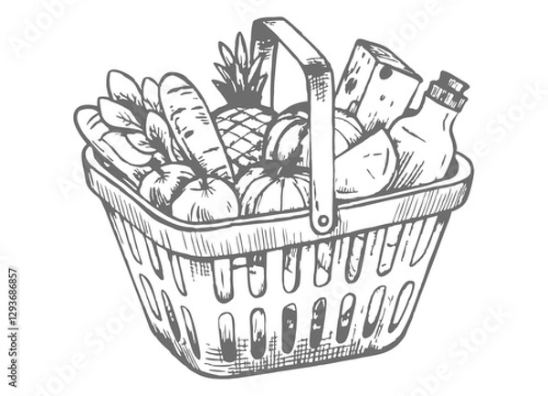 Fototapeta Hand-drawn sketch illustration of a shopping basket full of fresh vegetables and fruits. Perfect for food-related designs, packaging, prints, and digital projects. High-quality vector art.