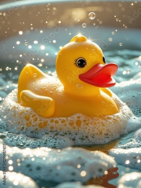 Fototapeta A bright yellow rubber duck floats serenely among bubbles
