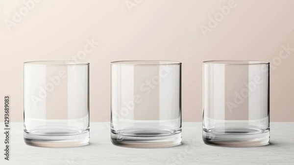 Fototapeta Three empty glass tumblers arranged in a row against a soft, neutral background.