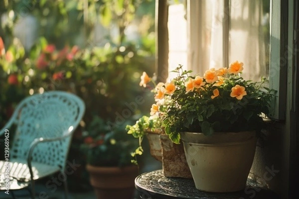 Fototapeta A small potted plant sits on a table in front of a window, providing a touch of greenery to the room