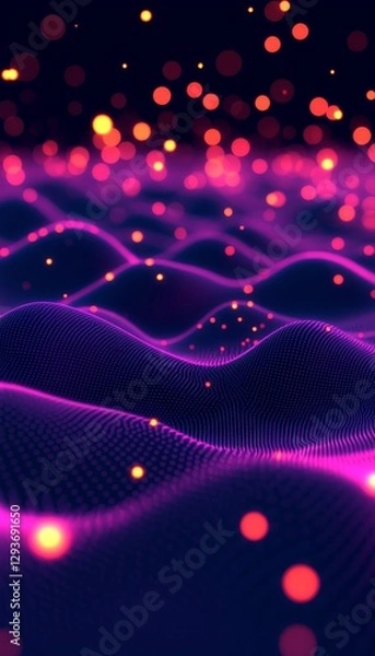 Fototapeta Abstract, Luminous Waves A Vibrant Digital Landscape with Glowing Particles and Bokeh Effects.
