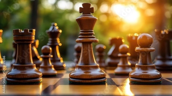 Fototapeta A set of chess pieces arranged on a classic chess board