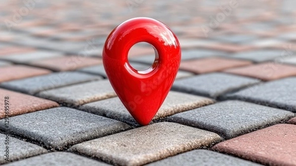 Fototapeta Red map pin placed on textured brick surface representing a location in 3d illustration