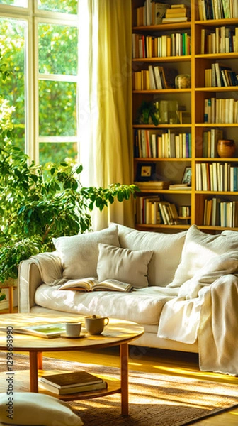 Fototapeta Scandinavian-style living room filled with natural light. Beige sofa, adorned with soft pillows and blanket, wooden coffee table in front, with books and cups. Bookshelf filled with books, plants