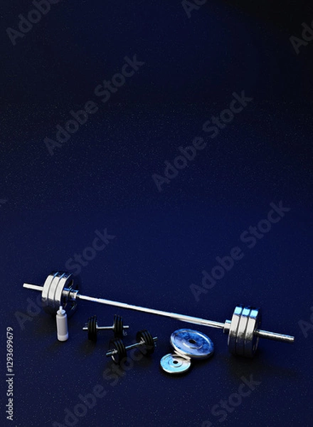 Fototapeta Barbell and dumbbells on dark background in gym setting, 3D rendered illustration