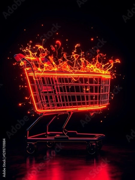 Obraz Shopping Cart Inferno A Neon Lit Depiction of Consumer Frenzy and Impulsive Buying on Fire