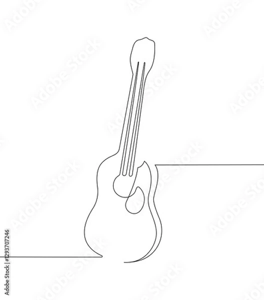 Fototapeta Minimalistic one continuous line drawing of a guitar with musical harmonics on a white background.