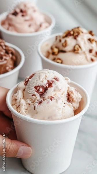 Fototapeta Serving ice cream in small cups with inscriptions. 