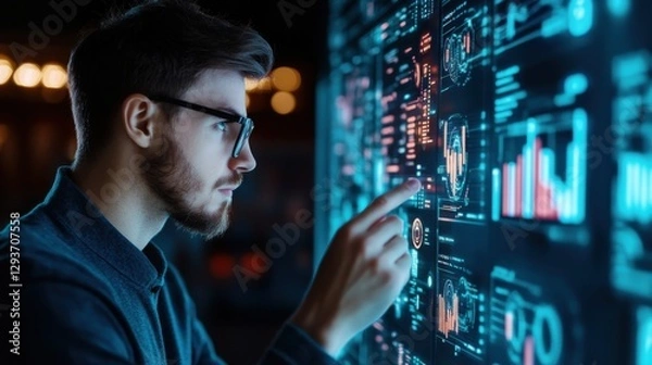 Fototapeta Startup founder reviewing an income chart on a futuristic business interface, AI-driven financial insights