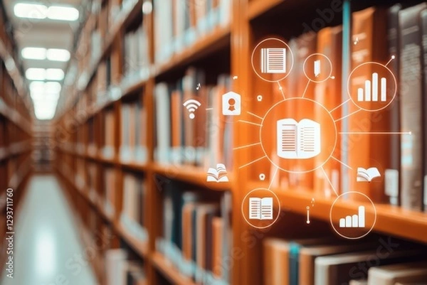 Fototapeta A library with shelves of books, enhanced by digital icons representing technology, data, and connectivity in an educational environment.