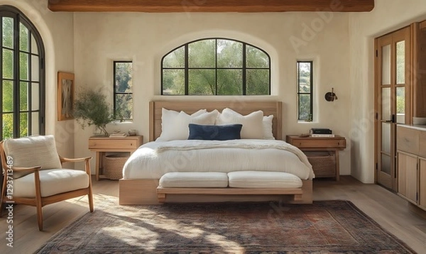 Fototapeta Serene Modern Bedroom Design with Natural Light and Wooden Accents