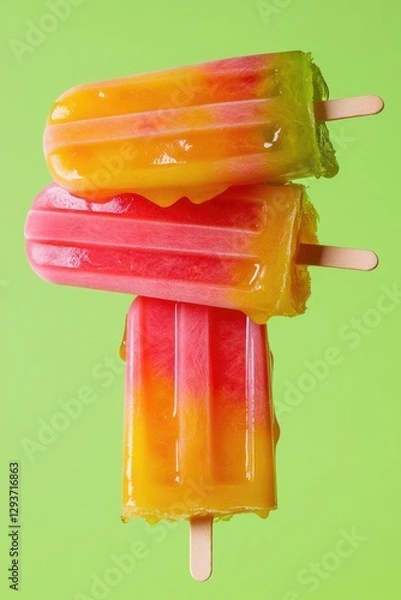 Obraz Brightly colored popsicles stacked against vivid green backgroun