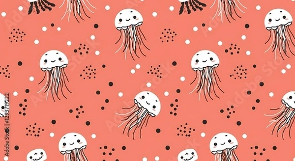 Fototapeta Seamless Pattern of Cute Jellyfish in Pink and White on Coral Reef Background
