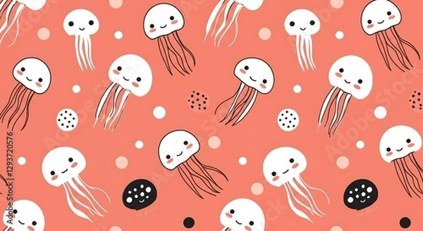 Fototapeta Seamless Pattern of Cute Jellyfish in Pink and White on Coral Reef Background
