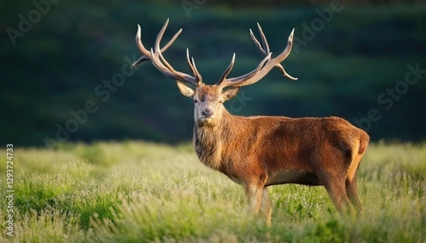 Fototapeta Majestic Red Deer Standing in a Summer Meadow A Vibrant Capture of Natures Majesty in a Gorgeous Palette, Illustrating Wildlife and Natural Grandeur