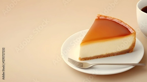 Fototapeta Slice of caramel cheesecake with fork and cup of coffee