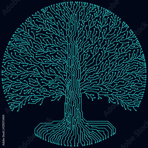 Obraz Hi-tech circuit style round yggdrasil tree. Cyberpunk futuristic design.