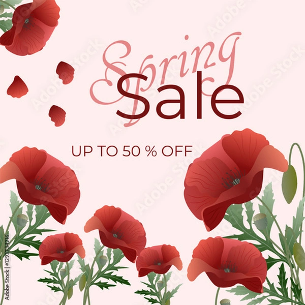 Obraz Spring vector discount coupon. 50% off. Luxury minimalist background with poppy flowers in botanical style, organic shapes. Vector background for banner, poster, website and packaging.