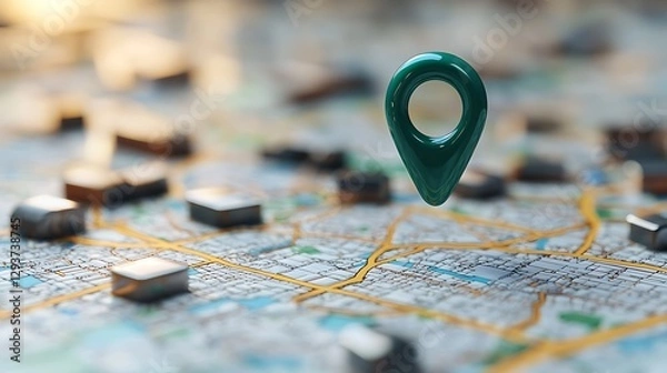 Fototapeta Green location marker hovering above a detailed city map, blurred buildings background