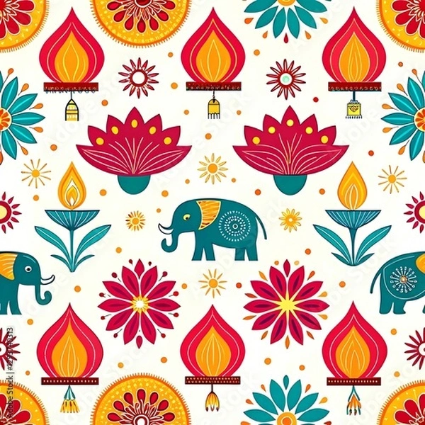 Fototapeta Vibrant indian elephant festive pattern seamless design colorful background red art teal lotus lamps