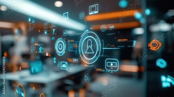 Fototapeta A modern workspace featuring digital interface elements and holographic displays, emphasizing technology and innovation.