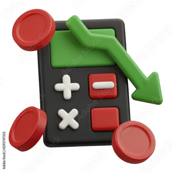 Fototapeta 3D Business Debt Icons, Colorful calculator with an increasing trend and red tokens. isolated on a white background.