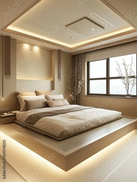 Fototapeta This picture showcases a modern bedroom design with subtle illumination