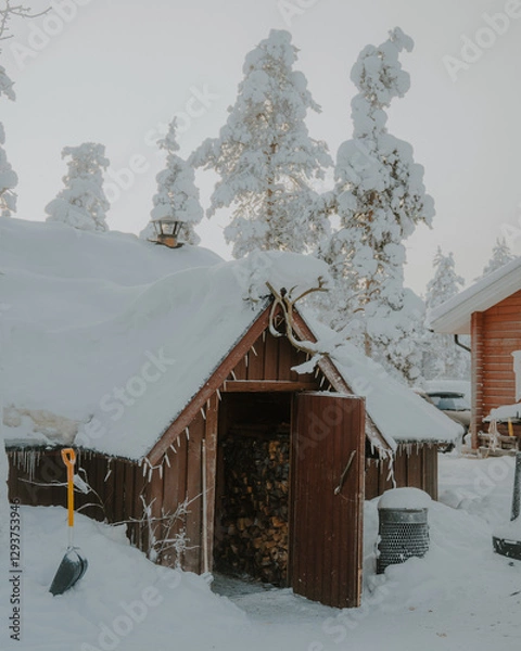 Fototapeta Lapland in the snow, landscapes of pristine snow topped trees and magical golden light in the artic circle. High res photography 