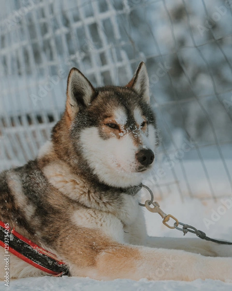 Fototapeta Lapland in the snow, landscapes of pristine snow topped trees and magical golden light in the artic circle. High res photography 