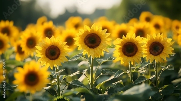 Fototapeta Field of sunflowers highlights realistic yellow blooms and green leaves under a blue sky, captured in a wide shot from ground level in the countryside, cheerful and summery in detail.