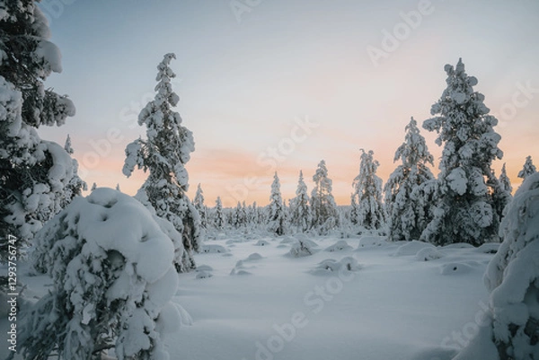 Fototapeta Lapland in the snow, landscapes of pristine snow topped trees and magical golden light in the artic circle. High res photography 