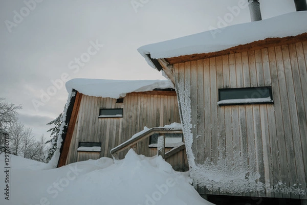 Fototapeta Lapland in the snow, landscapes of pristine snow topped trees and magical golden light in the artic circle. High res photography 
