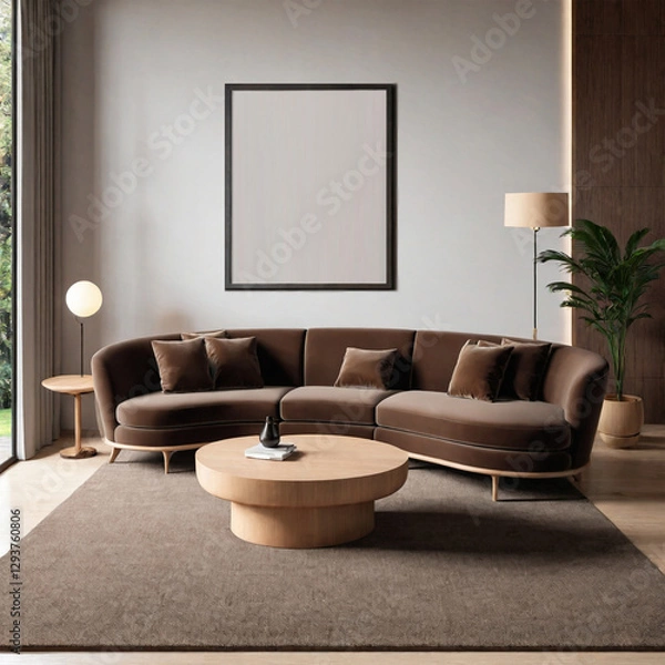 Fototapeta Modern cozy living room with stylish brown sofa, elegant decor, and minimalist wall art. Mockup on the wall.