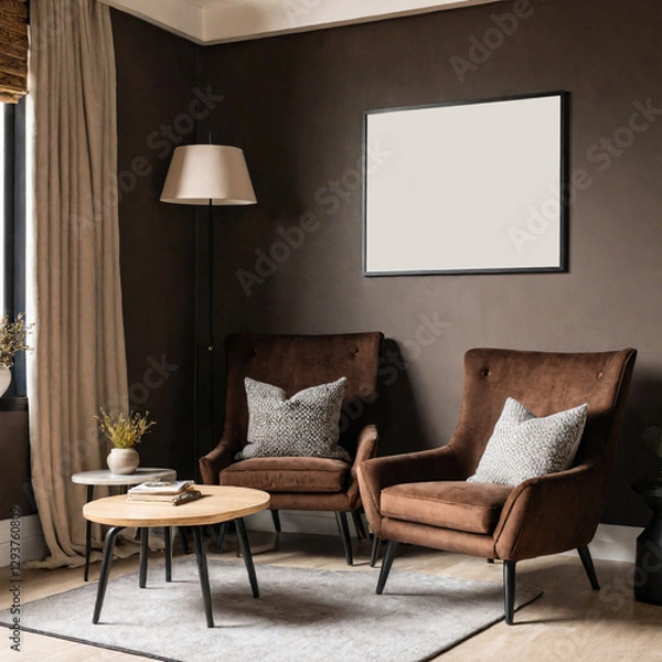 Fototapeta Modern cozy living room with stylish brown armchairs, elegant decor, and minimalist wall art. Mockup on the wall.