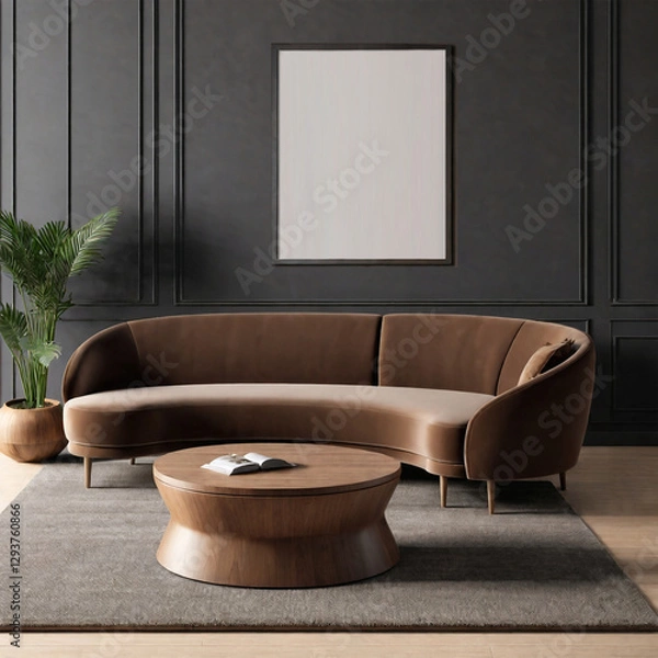 Fototapeta Modern cozy living room with stylish brown sofa, elegant decor, and minimalist wall art. Mockup on the wall.