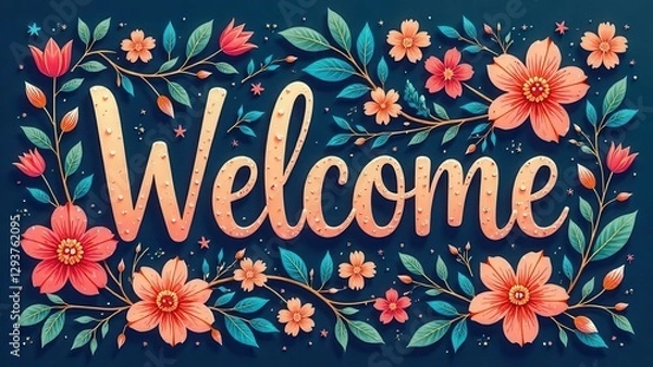 Obraz Colorful welcome text on dark background with floral elements. Vector design illustration