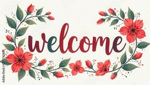 Obraz Colorful welcome text on white background with floral elements. Vector design illustration