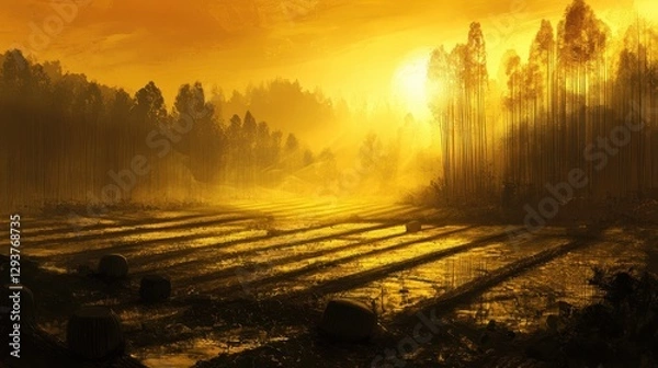 Obraz Serene Golden Sunrise Over Agricultural Fields and Silhouetted Trees